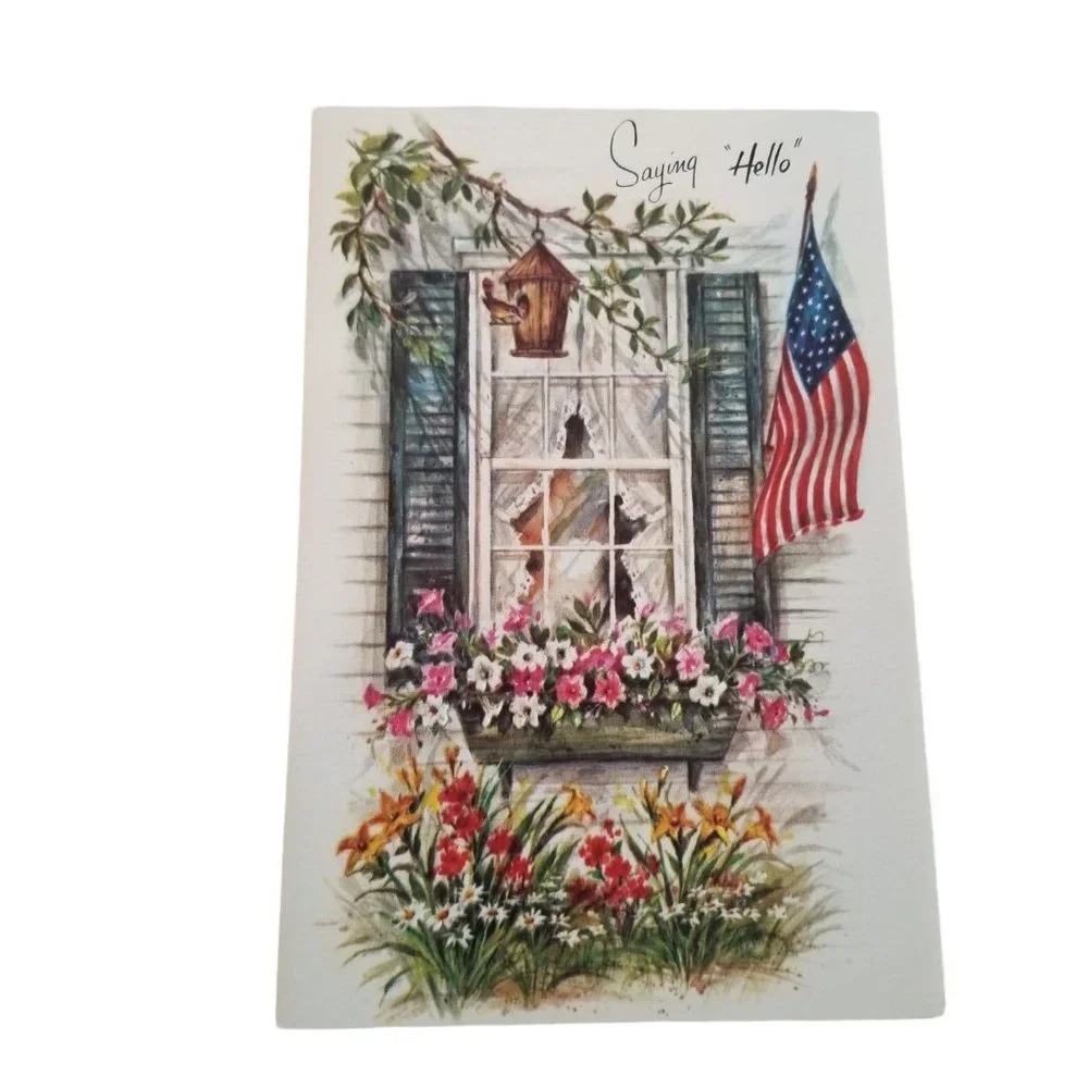 Vintage Greeting Card Friendship Hello Window Box American Flag Birdhouse Unused